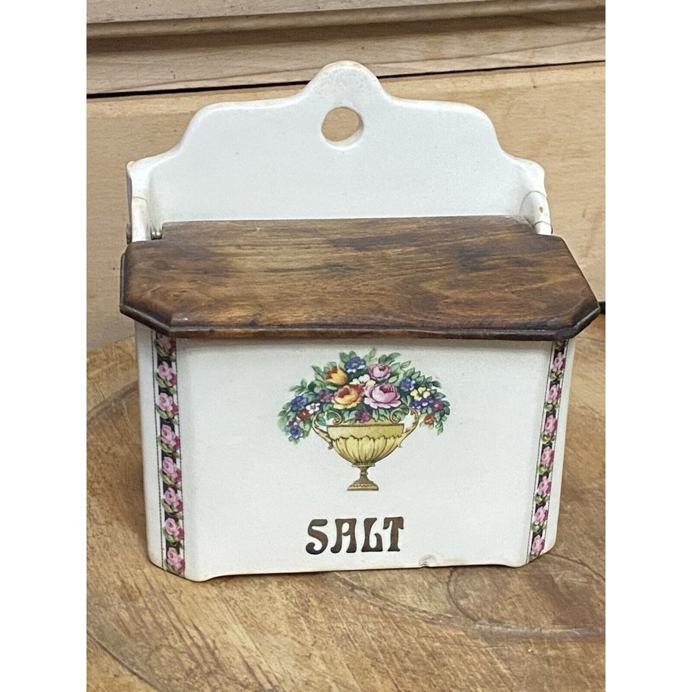 Ditmar Urbach Floral White ‎ Porcelain Salt Box  Czechoslovakia Wood Lid